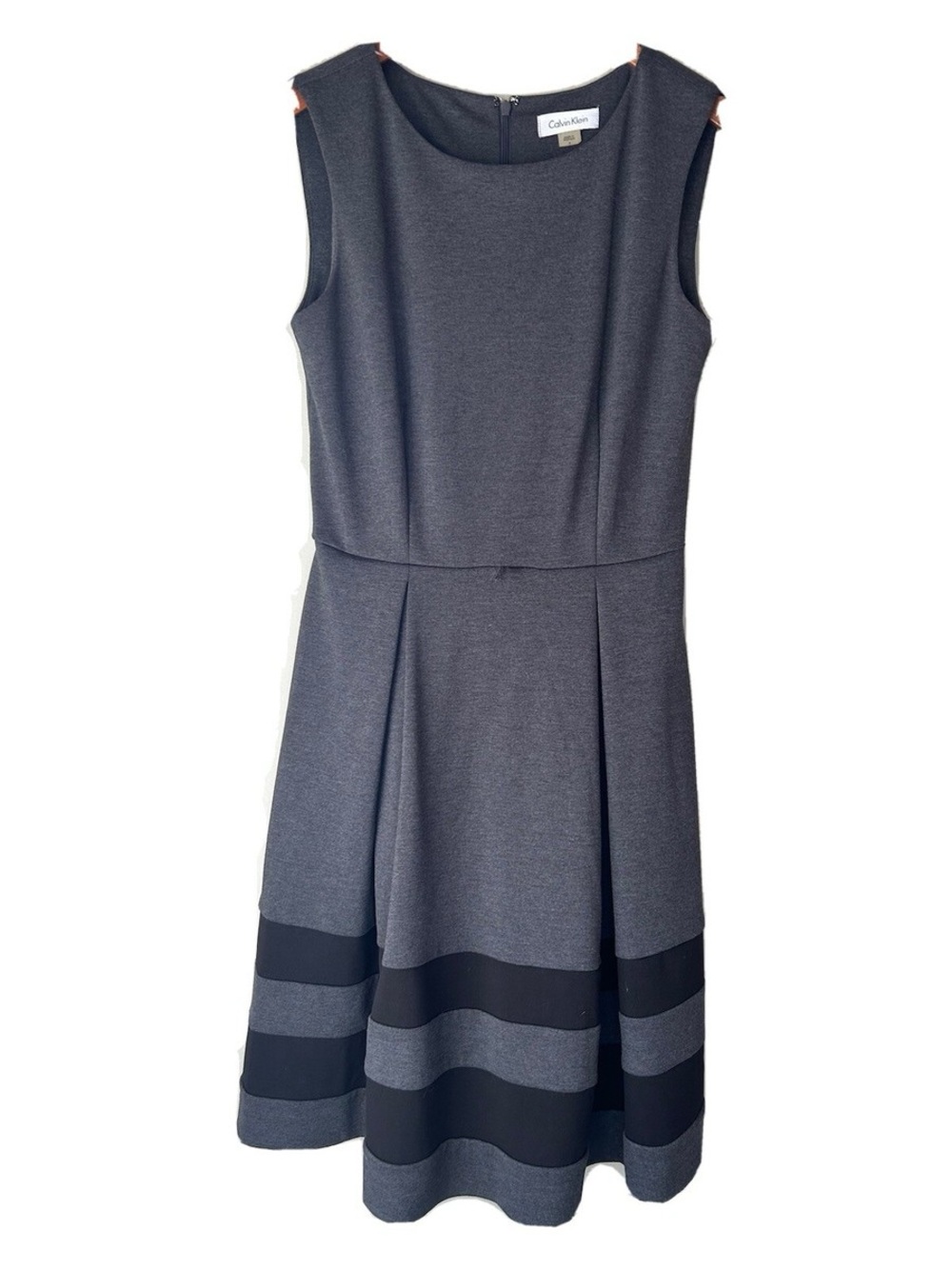 Calvin Klein Gray Fit & Flare Dress Black Satin Hem Size 4